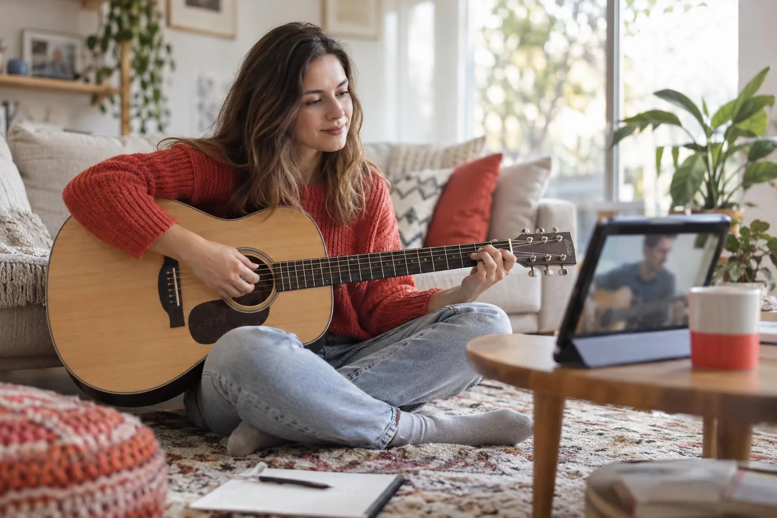 Eine Frau lernt mit einem Online-Lehrer auf dem Tablet Gitarre